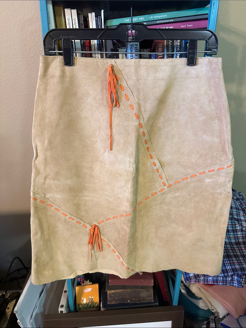 Retro Beige Suede A-Line Skirt with Orange Lace-Up Detail